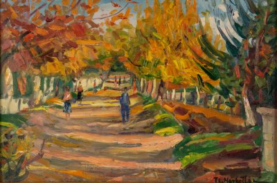 Kifissia, Road to the Square — Oil painting, Canvas, 38.00×55.00cm — Theodoros Markellos